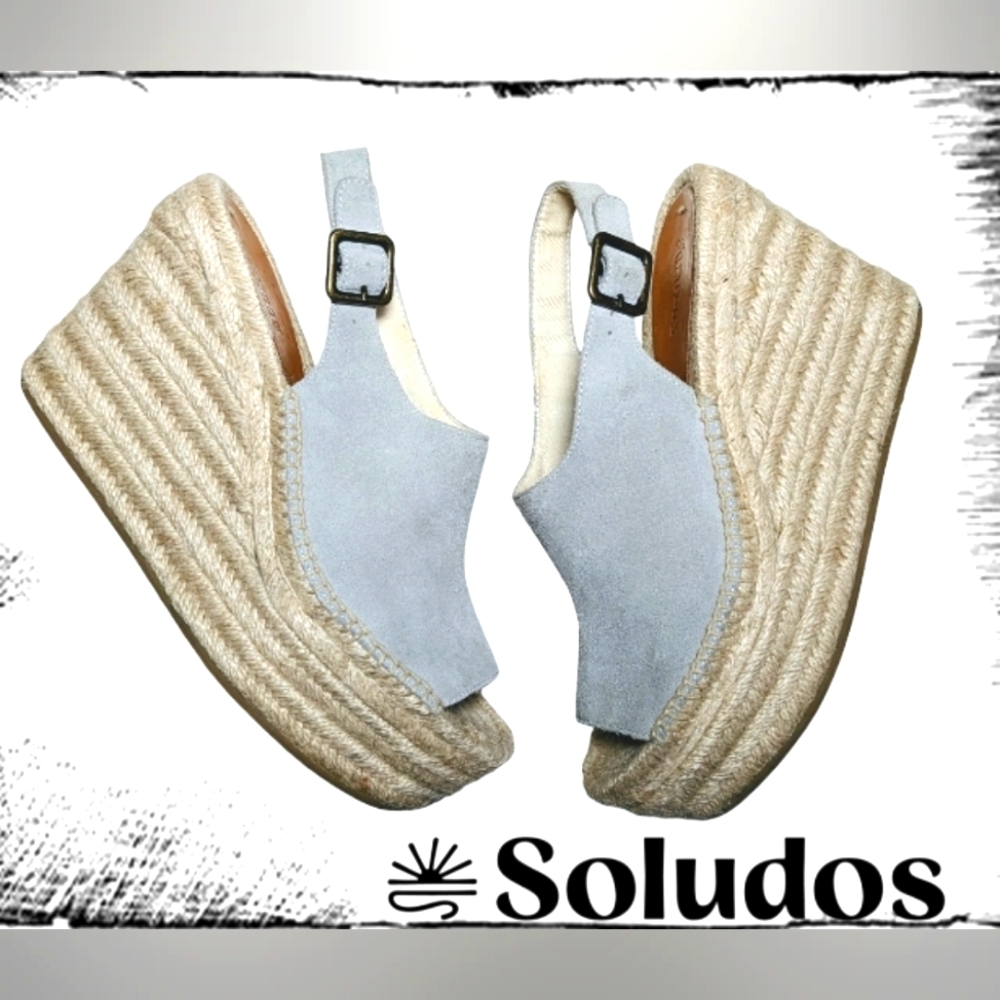 Soludos Sevilla Stone Gray Suede Platform Wedge Espadrille Sandals 8.5